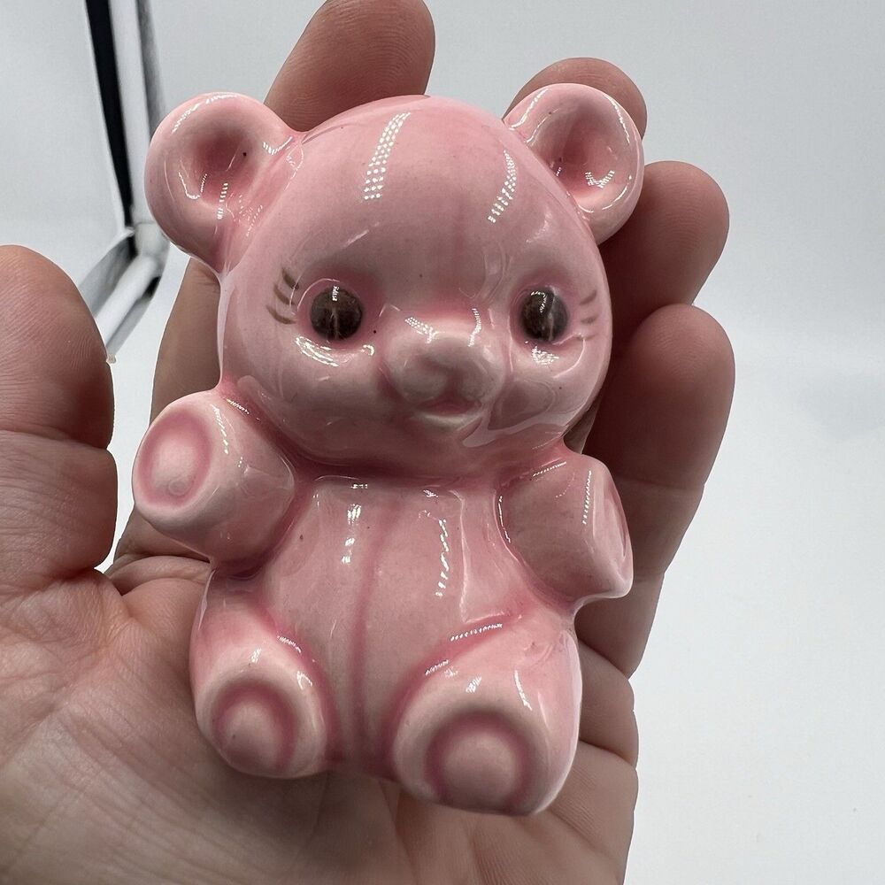 Rare Vintage Macrame Ceramic Bead Baby Bear Pink Girl Figurine Stuffy Lovie
